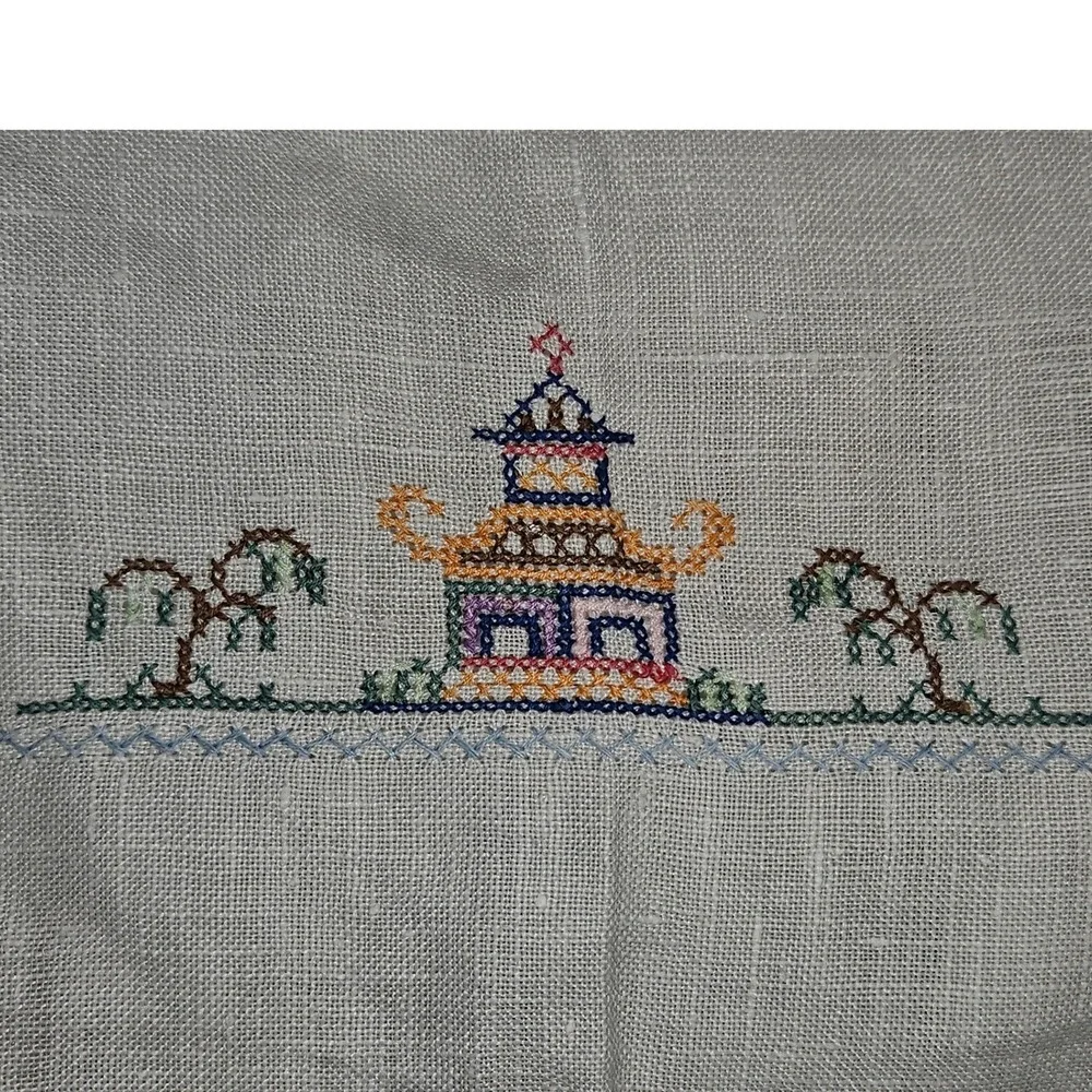Vintage Hand Embroidered Linen Table Runner Pagoda Chinoiserie Cross Stitch